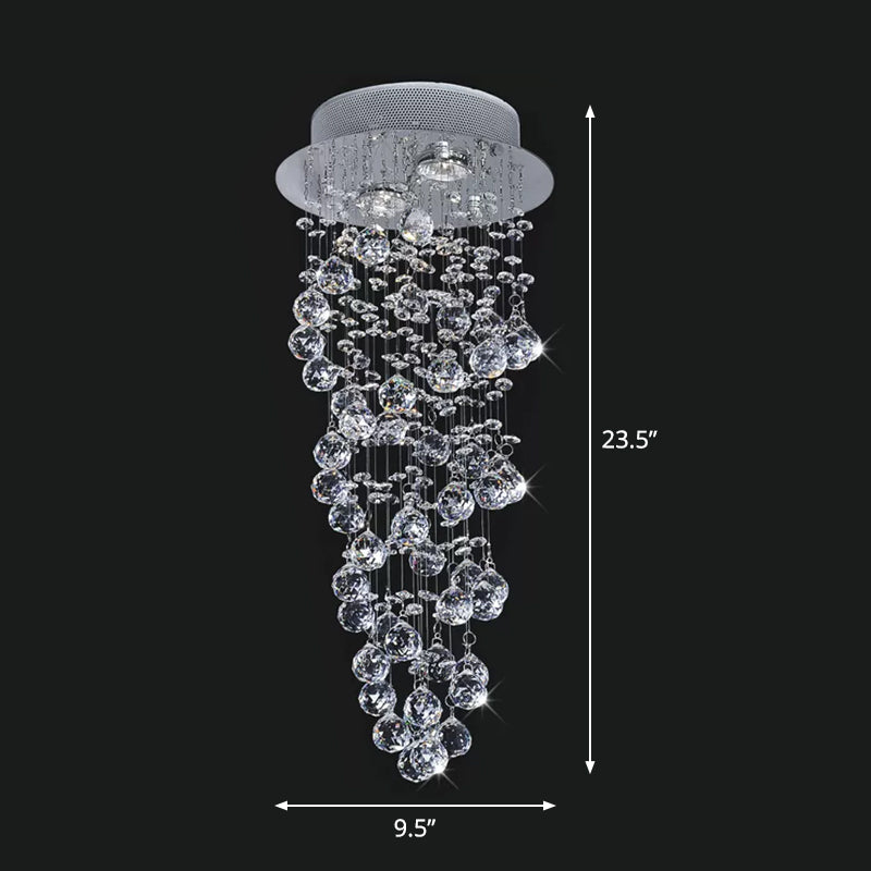 Dual-Spiral Crystal Flush Mount Contemporary 2/6-Head Stairway Ceiling Light in Stainless Steel