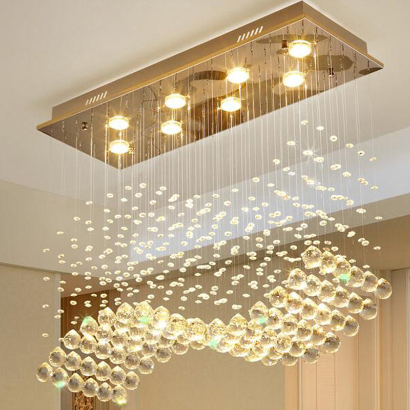 8-Light Wavy Ceiling Mounted Fixture Modern Stainless Steel Clear Crystal Orb Flush Mount Light