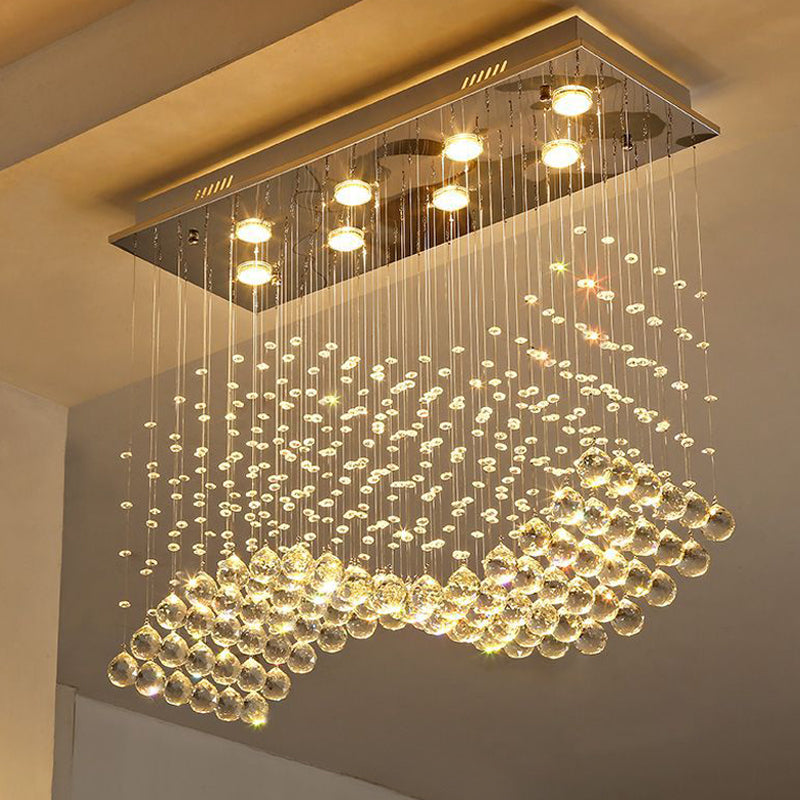8-Light Wavy Ceiling Mounted Fixture Modern Stainless Steel Clear Crystal Orb Flush Mount Light