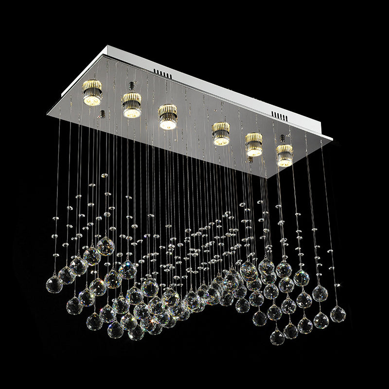 Clear Crystal Stainless Steel Flush Light Wavy 6 Bulbs Modernist Ceiling Mounted Lamp