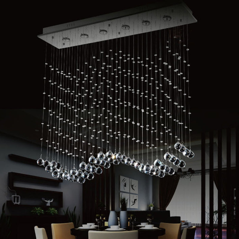 Modern Wave Shaped Ceiling Light 6-Head Crystal Draping Flush Mount Fixture in Stainless Steel