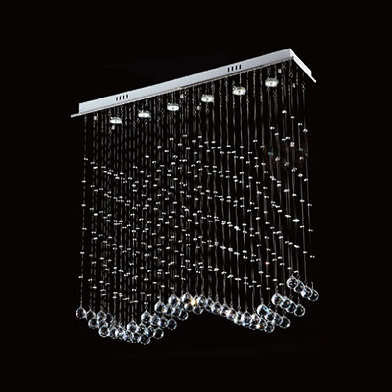Modern Wave Shaped Ceiling Light 6-Head Crystal Draping Flush Mount Fixture in Stainless Steel