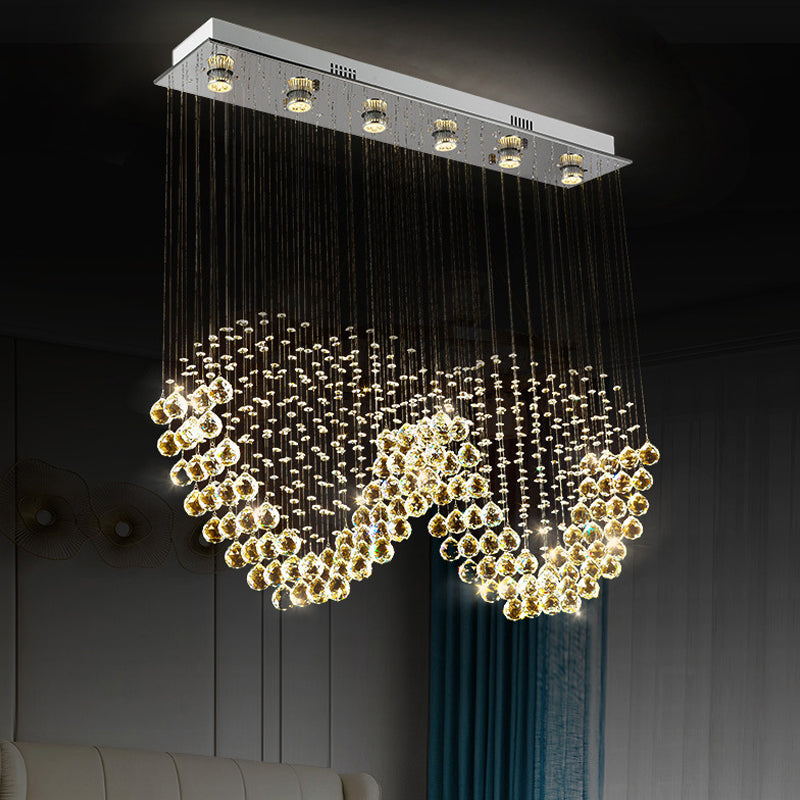 W Shaped Crystal Ceiling Lamp Modernism 6-Light Dining Room Flush Mounted Light in Stainless Steel