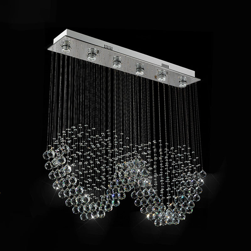 W Shaped Crystal Ceiling Lamp Modernism 6-Light Dining Room Flush Mounted Light in Stainless Steel