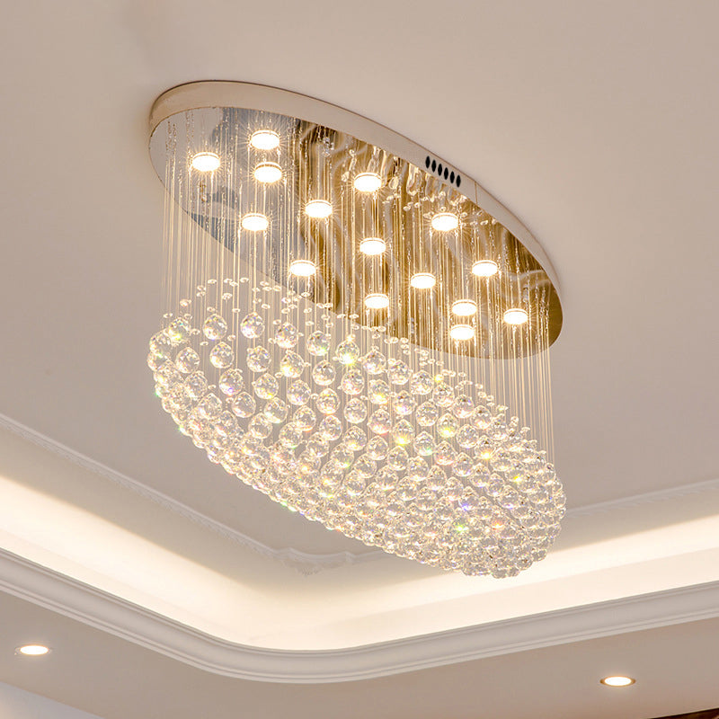 Elliptical Crystal Orb Flush Ceiling Light Modern 20-Head Living Room Flushmount in Stainless Steel