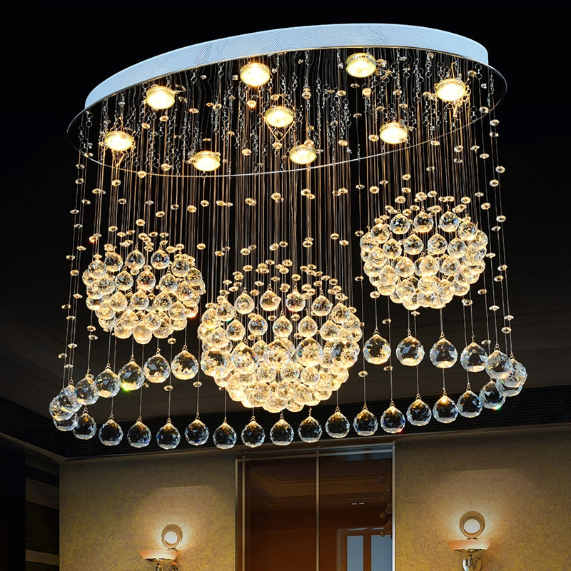9 Bulbs Oval Flush Ceiling Light Fixture Modern Stainless Steel Crystal Drape Flushmount Light for Bedroom