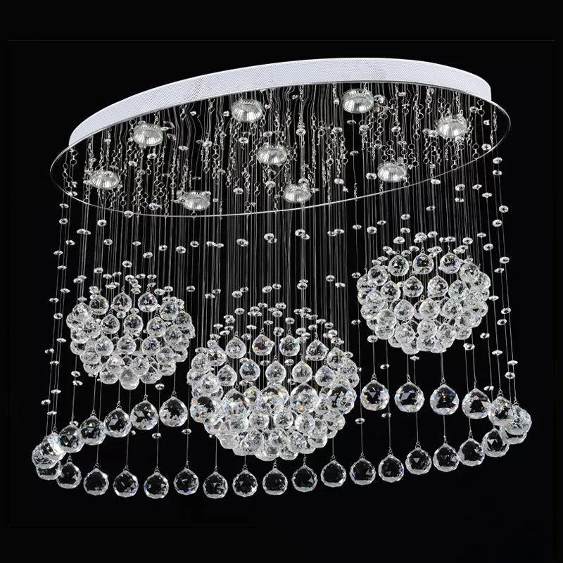 9 Bulbs Oval Flush Ceiling Light Fixture Modern Stainless Steel Crystal Drape Flushmount Light for Bedroom