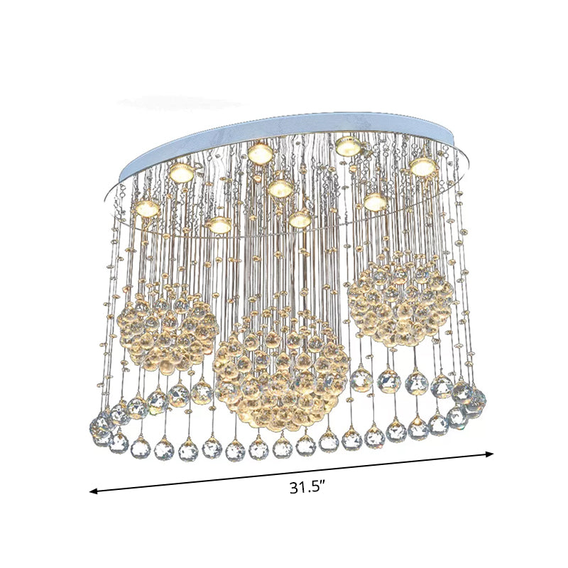9 Bulbs Oval Flush Ceiling Light Fixture Modern Stainless Steel Crystal Drape Flushmount Light for Bedroom
