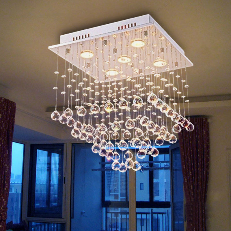 5 Bulbs Crystal Ceiling Lighting Modern Stainless Steel Pyramid Shaped Living Room Flush Mount Light