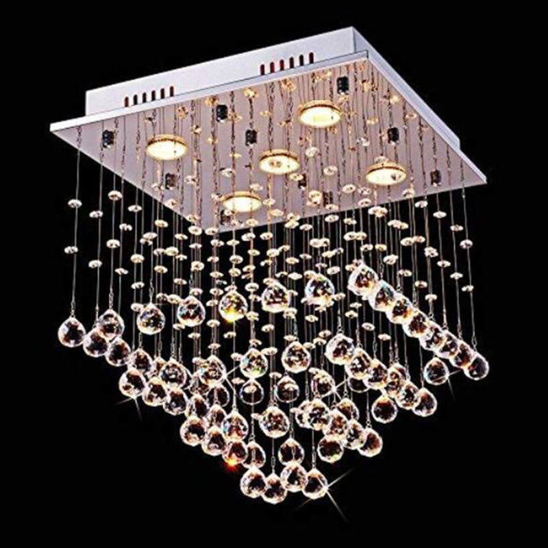 5 Bulbs Crystal Ceiling Lighting Modern Stainless Steel Pyramid Shaped Living Room Flush Mount Light