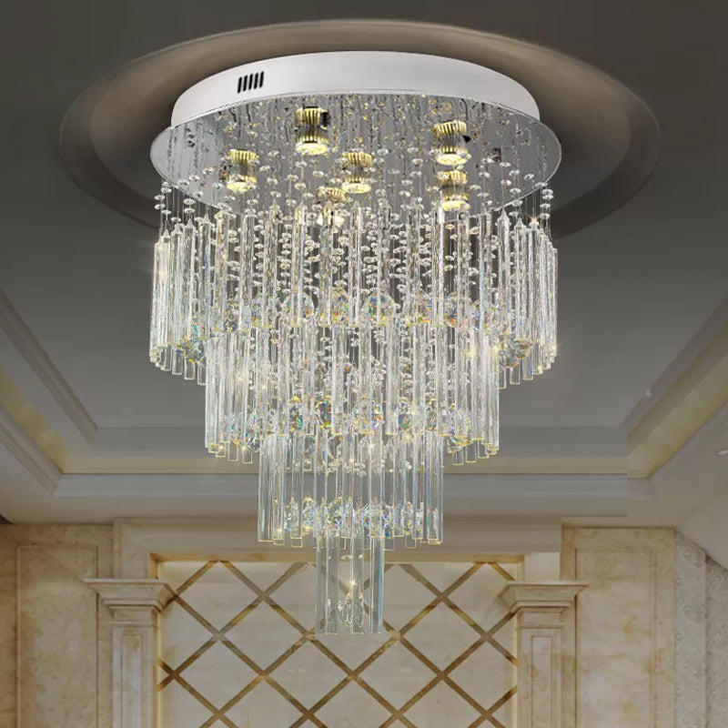 6-Bulb Tiered Flush Mount Lamp Modernism Stainless Steel Crystal Rod Ceiling Lighting for Restaurant