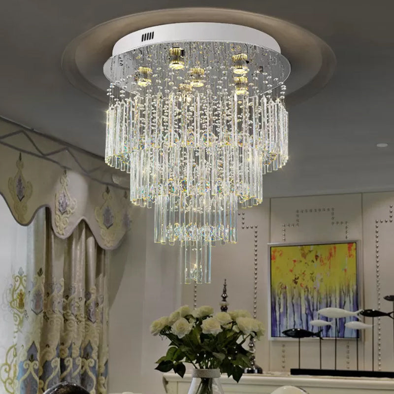 6-Bulb Tiered Flush Mount Lamp Modernism Stainless Steel Crystal Rod Ceiling Lighting for Restaurant