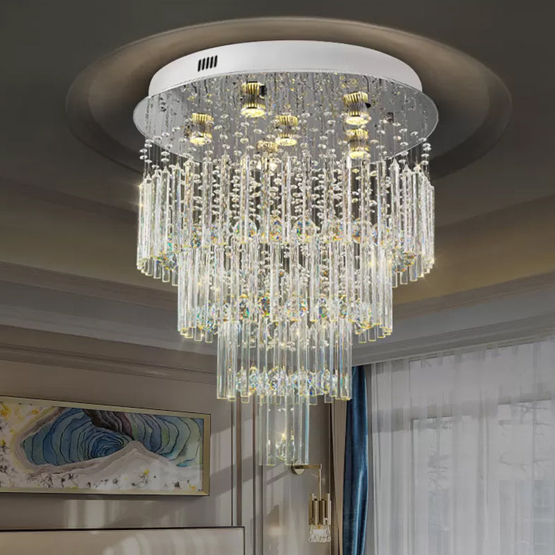 6-Bulb Tiered Flush Mount Lamp Modernism Stainless Steel Crystal Rod Ceiling Lighting for Restaurant