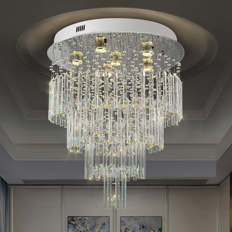 6-Bulb Tiered Flush Mount Lamp Modernism Stainless Steel Crystal Rod Ceiling Lighting for Restaurant