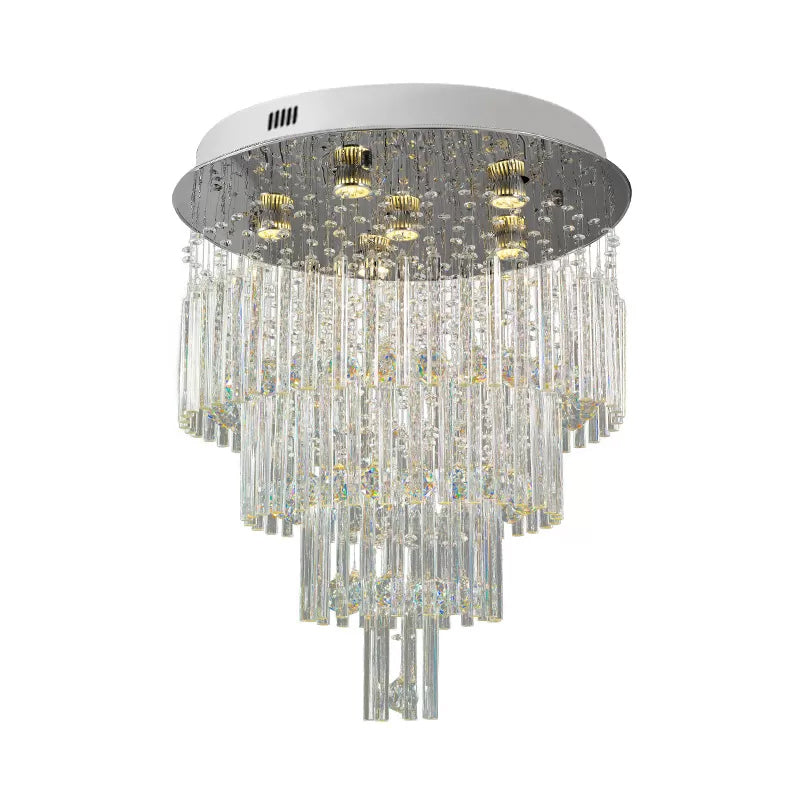 6-Bulb Tiered Flush Mount Lamp Modernism Stainless Steel Crystal Rod Ceiling Lighting for Restaurant