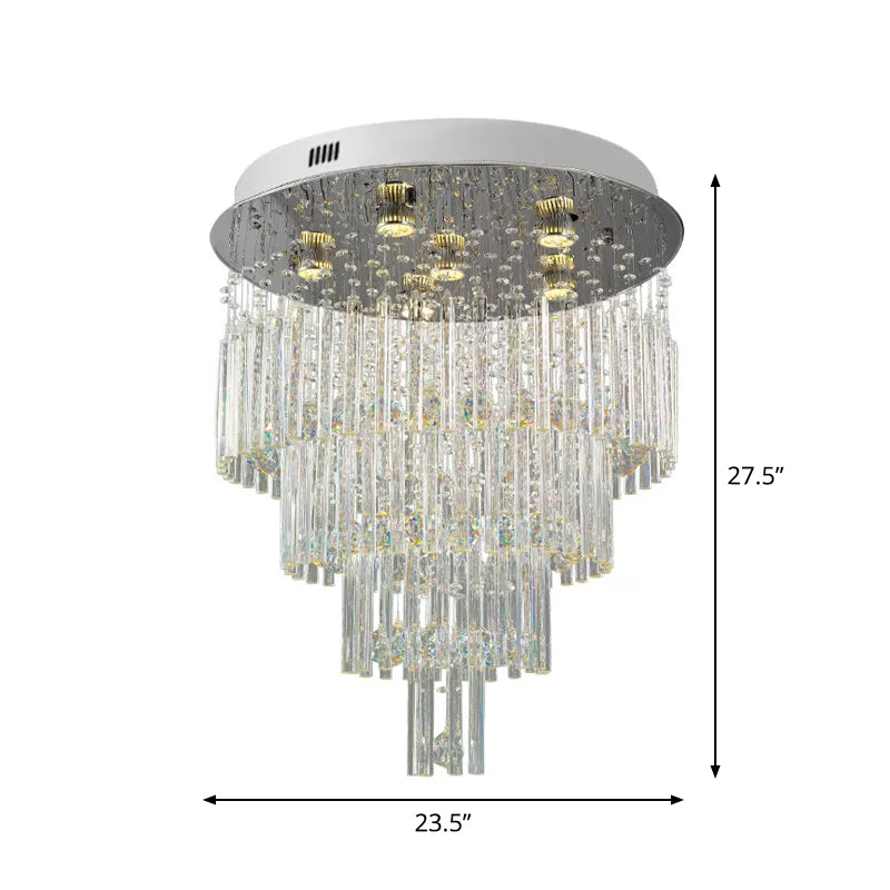 6-Bulb Tiered Flush Mount Lamp Modernism Stainless Steel Crystal Rod Ceiling Lighting for Restaurant
