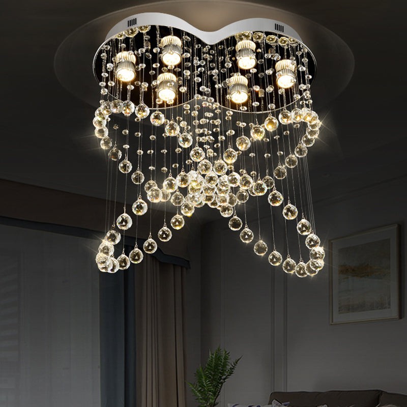 6-Light Crystal Orb Flush Mount Moderne Roestvrij staal Vlinder Slaapkamer Plafond Lamp