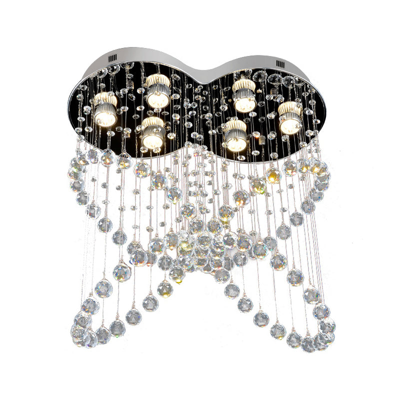 6-Light Crystal Orb Flush Mount Moderne Roestvrij staal Vlinder Slaapkamer Plafond Lamp