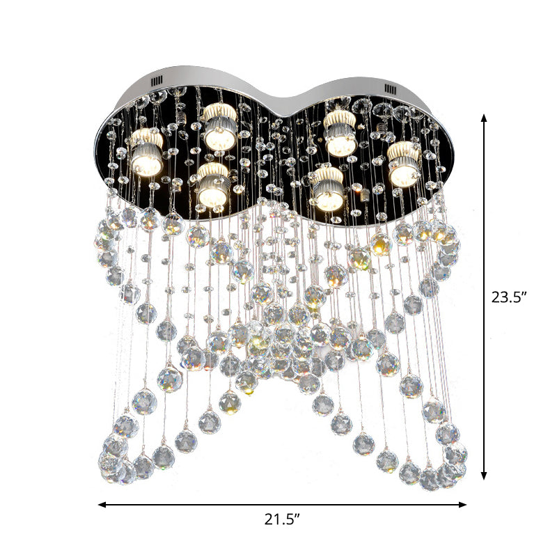 6-Light Crystal Orb Flush Mount Moderne Roestvrij staal Vlinder Slaapkamer Plafond Lamp