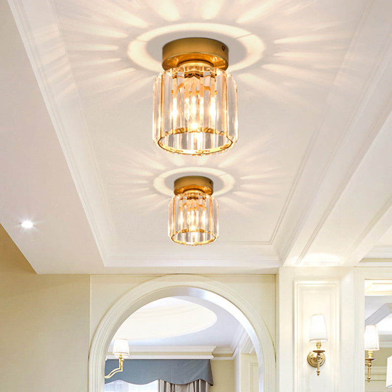 Square/Cylinder Corridor Ceiling Lamp Simplicity Crystal 1 Bulb Black/Gold Semi Flush Mount Light Fixture