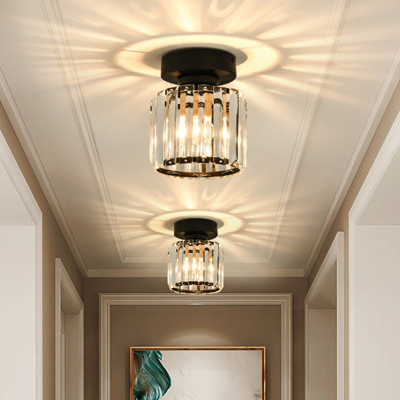 Square/Cylinder Corridor Ceiling Lamp Simplicity Crystal 1 Bulb Black/Gold Semi Flush Mount Light Fixture