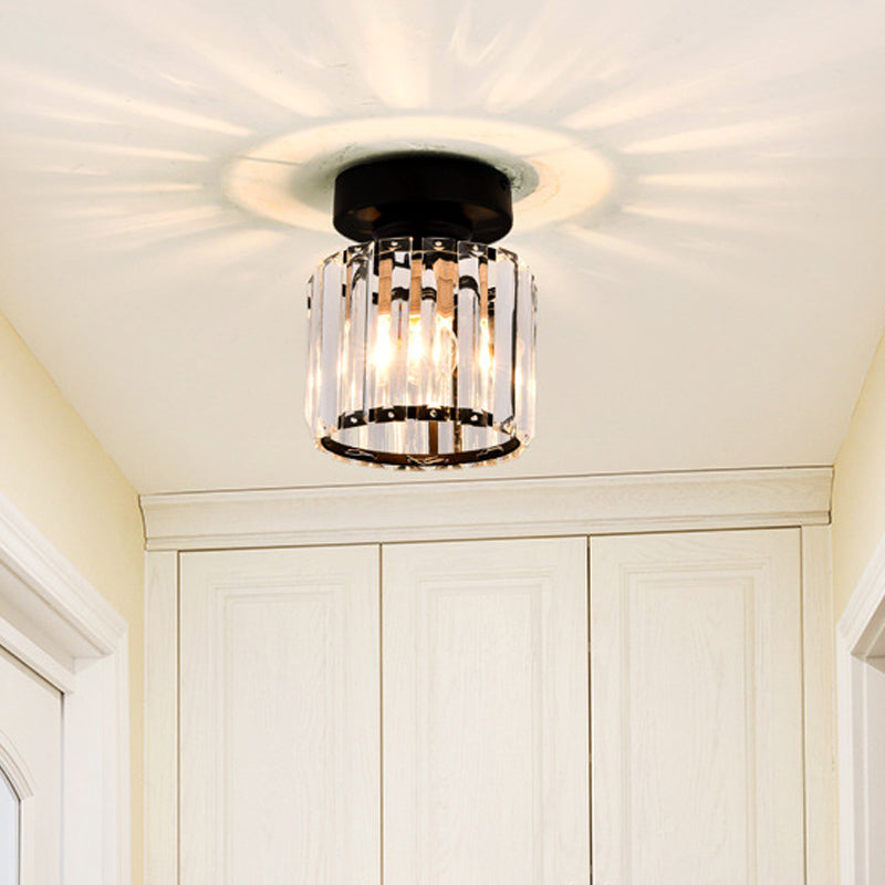 Square/Cylinder Corridor Ceiling Lamp Simplicity Crystal 1 Bulb Black/Gold Semi Flush Mount Light Fixture
