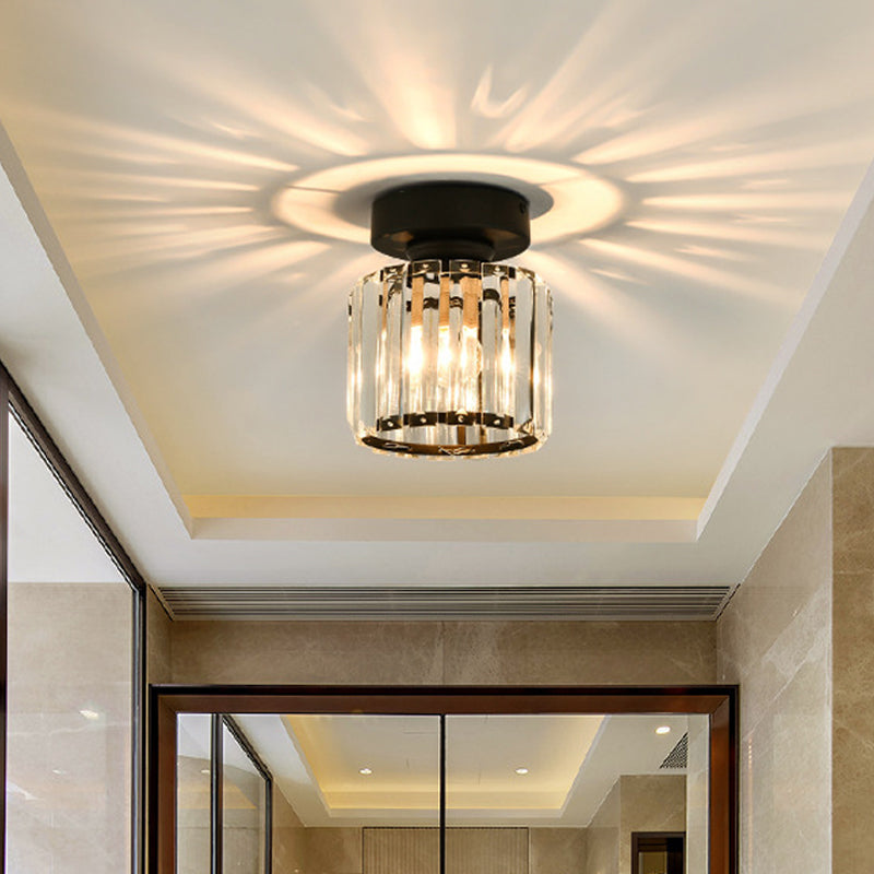 Square/Cylinder Corridor Ceiling Lamp Simplicity Crystal 1 Bulb Black/Gold Semi Flush Mount Light Fixture