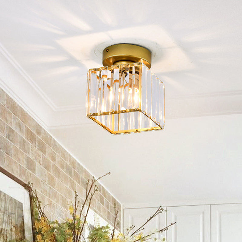Square/Cylinder Corridor Ceiling Lamp Simplicity Crystal 1 Bulb Black/Gold Semi Flush Mount Light Fixture