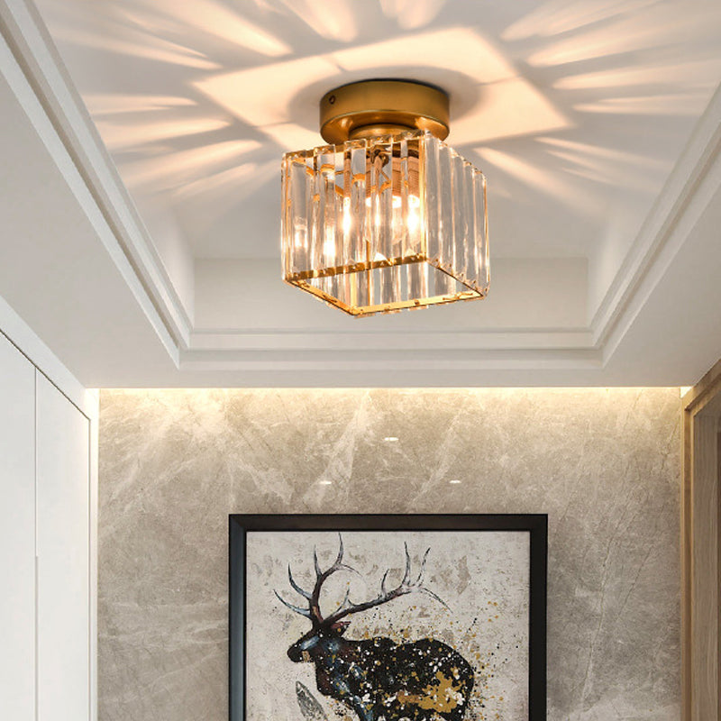 Square/Cylinder Corridor Ceiling Lamp Simplicity Crystal 1 Bulb Black/Gold Semi Flush Mount Light Fixture