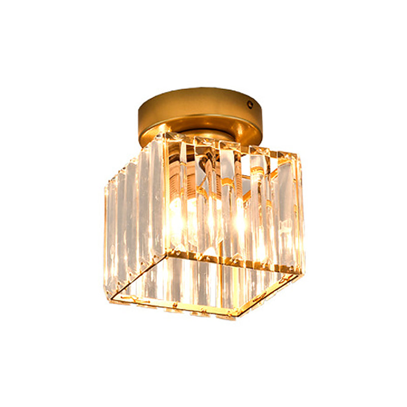 Square/Cylinder Corridor Ceiling Lamp Simplicity Crystal 1 Bulb Black/Gold Semi Flush Mount Light Fixture