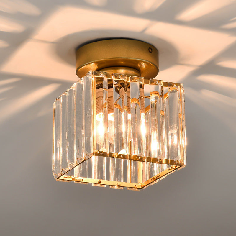 Square/Cylinder Corridor Ceiling Lamp Simplicity Crystal 1 Bulb Black/Gold Semi Flush Mount Light Fixture