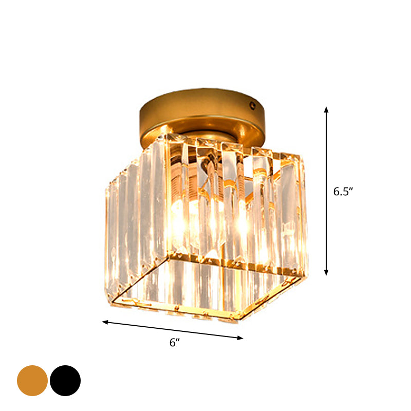 Square/Cylinder Corridor Ceiling Lamp Simplicity Crystal 1 Bulb Black/Gold Semi Flush Mount Light Fixture