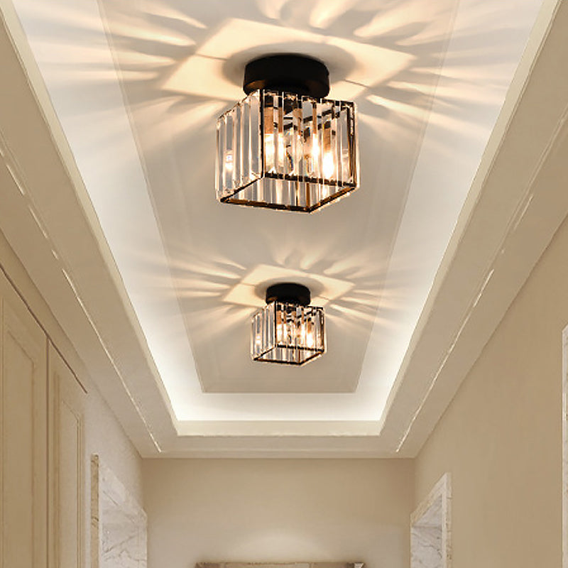 Square/Cylinder Corridor Ceiling Lamp Simplicity Crystal 1 Bulb Black/Gold Semi Flush Mount Light Fixture