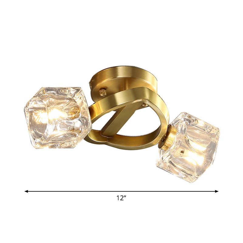 Gold Halbkreis Halbmontage Beleuchtung postmodernes Metall 2/5/8-Kopf-Foyer Decke Flush Licht in Gold mit quadratischem Kristallschatten