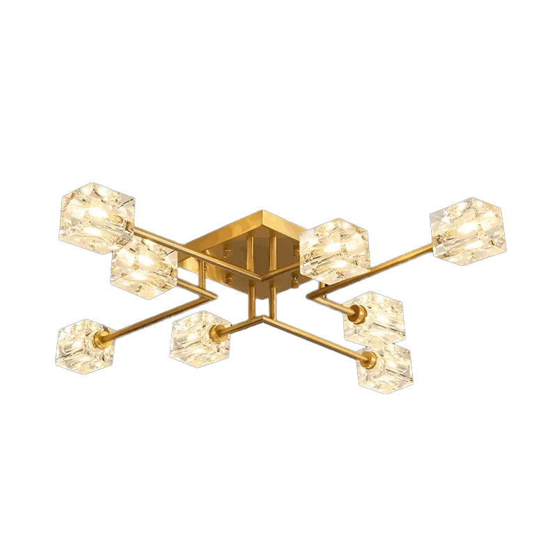 4/12/16 Heads Semi Flush Chandelier Postmodern Ice Cube Crystal Flush Mounted Light in Brass