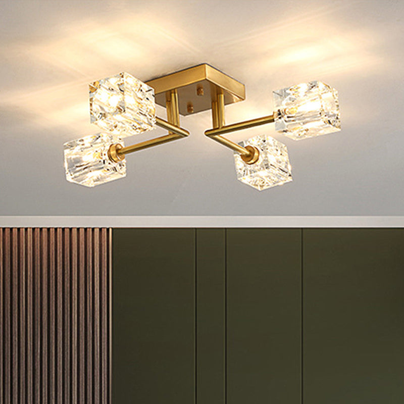 4/12/16 Heads Semi Flush Chandelier Postmodern Ice Cube Crystal Flush Mounted Light in Brass