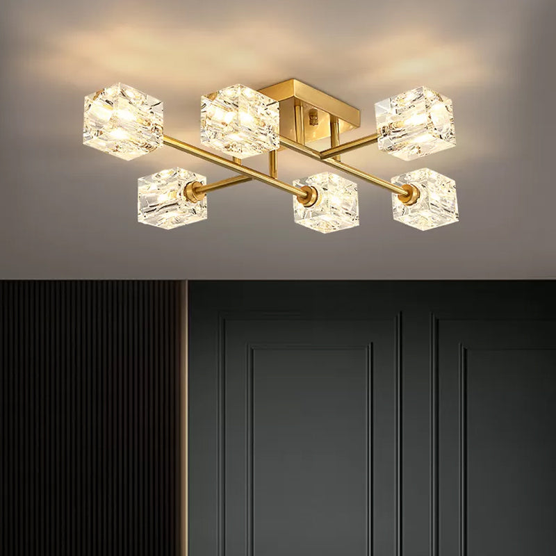 4/12/16 Heads Semi Flush Chandelier Postmodern Ice Cube Crystal Flush Mounted Light in Brass