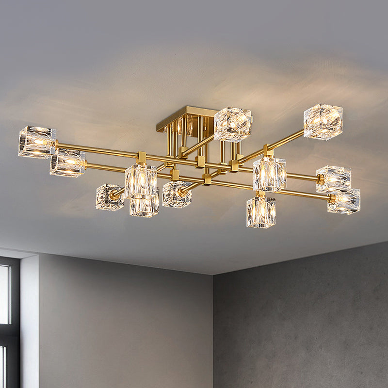 4/12/16 Heads Semi Flush Chandelier Postmodern Ice Cube Crystal Flush Mounted Light in Brass