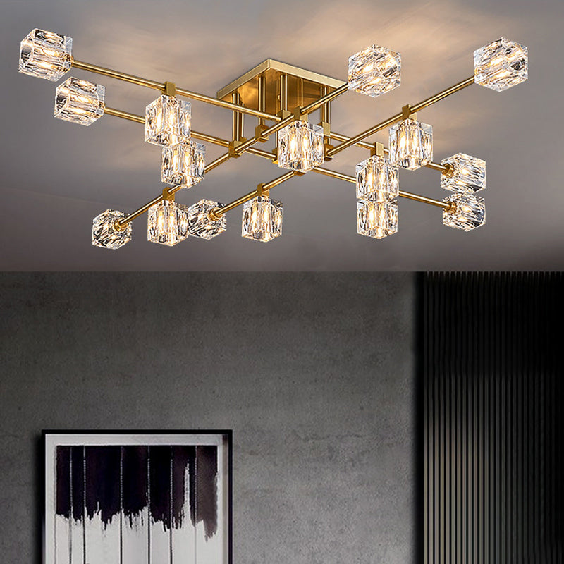 4/12/16 Heads Semi Flush Chandelier Postmodern Ice Cube Crystal Flush Mounted Light in Brass