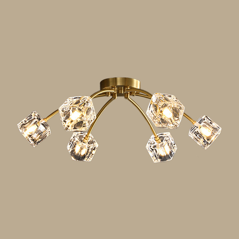 Brass Starburst Ceiling Mount Light Postmodern Crystal Cube 6/10 Heads Living Room Semi Flush Mounted Lamp