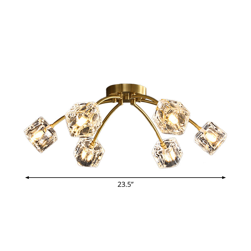 Brass Starburst Ceiling Mount Light Postmodern Crystal Cube 6/10 Heads Living Room Semi Flush Mounted Lamp