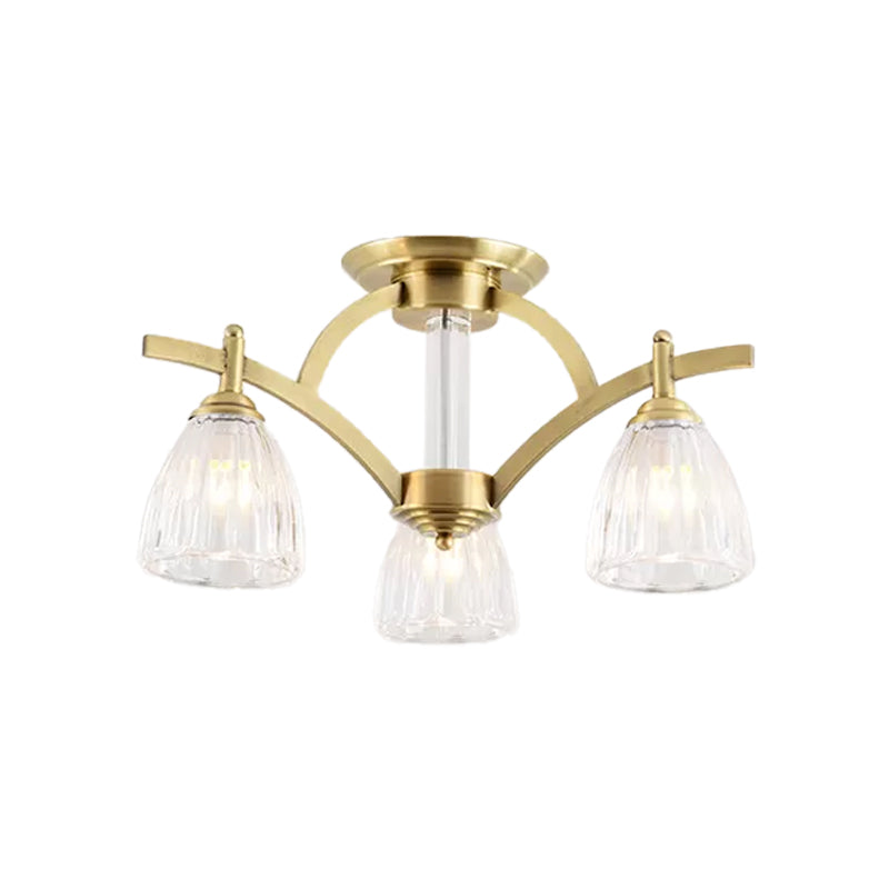 3/6/8 Bulbs Bell Semi Flush Light Modern Brass Textured Glass Ceiling Mount Chandelier for Living Room