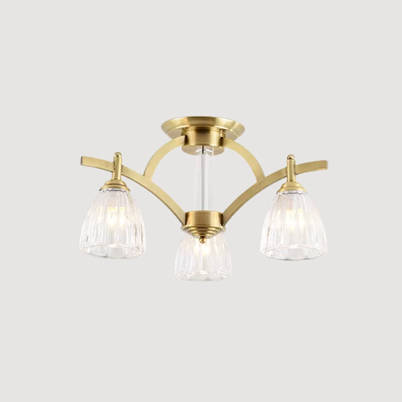 3/6/8 Bulbs Bell Semi Flush Light Modern Brass Textured Glass Ceiling Mount Chandelier for Living Room