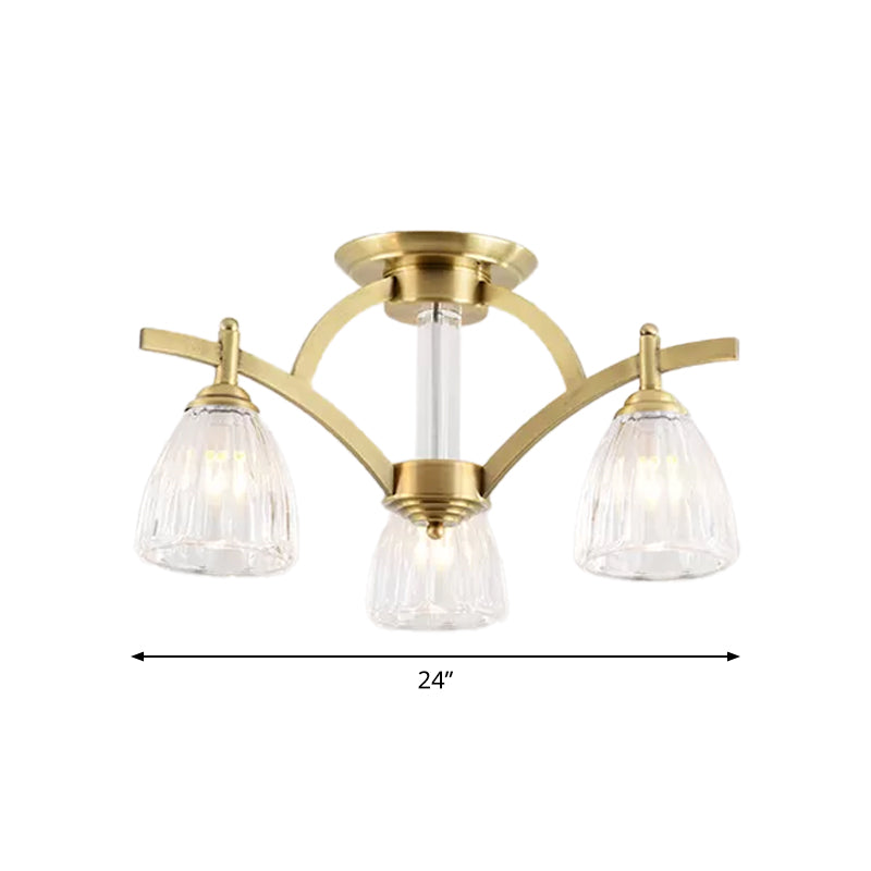 3/6/8 Bulbs Bell Semi Flush Light Modern Brass Textured Glass Ceiling Mount Chandelier for Living Room