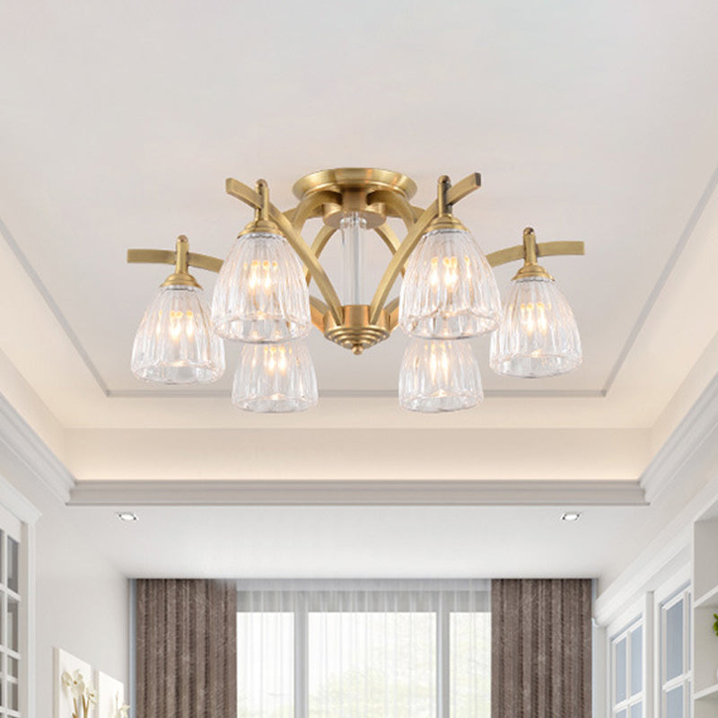 3/6/8 Bulbs Bell Semi Flush Light Modern Brass Textured Glass Ceiling Mount Chandelier for Living Room