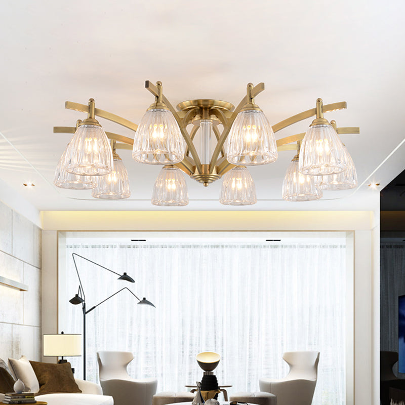 3/6/8 Bulbs Bell Semi Flush Light Modern Brass Textured Glass Ceiling Mount Chandelier for Living Room