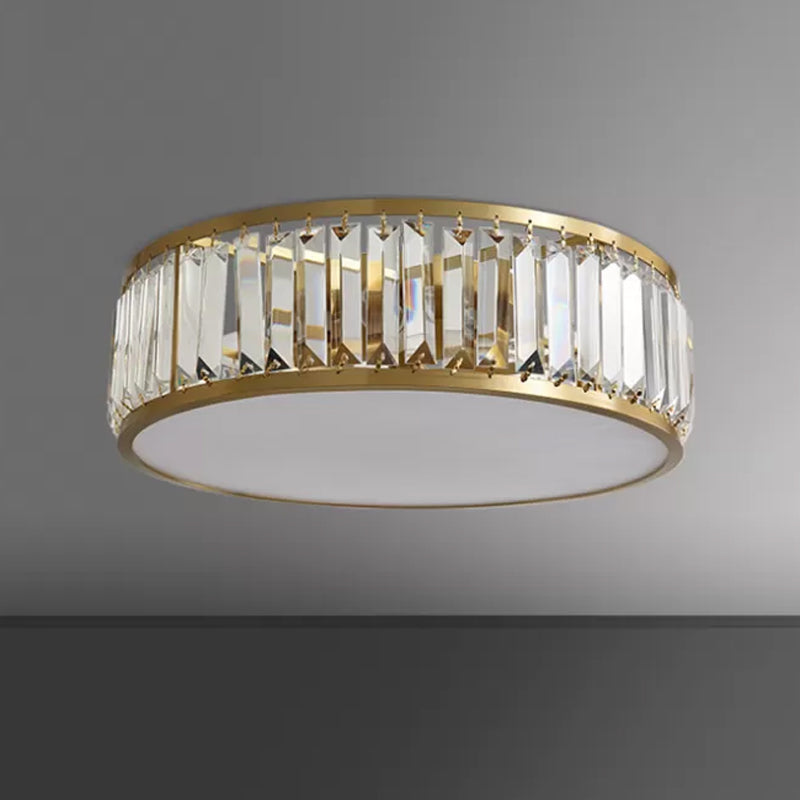 Crystal Drum Flush Mount Lamp Simplicity 3/4/5 Bulbs Bedroom Ceiling Light in Gold, 12.5"/16.5"/23.5" Wide