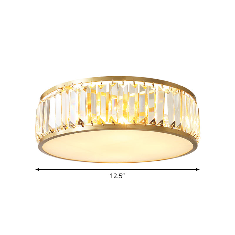 Crystal Drum Flush Mount Lamp Simplicity 3/4/5 Bulbs Bedroom Ceiling Light in Gold, 12.5"/16.5"/23.5" Wide