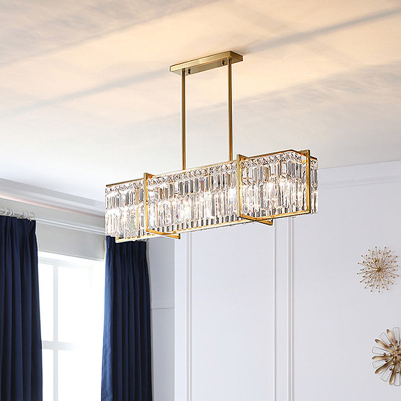 Post-Modern Rectangular Hanging Lamp 5 Bulbs Prismatic Crystal Island Pendant Light in Gold