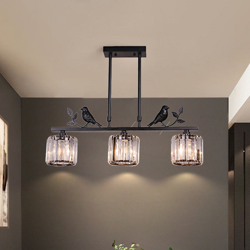 Présentation du cylindre à 3 bulbs Light Postmodern Black / Gol Crystal Prism Pendant avec décoration d'oiseaux et de feuilles